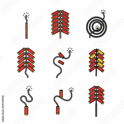 Assorted Fireworks and Sparklers Illustration Set.