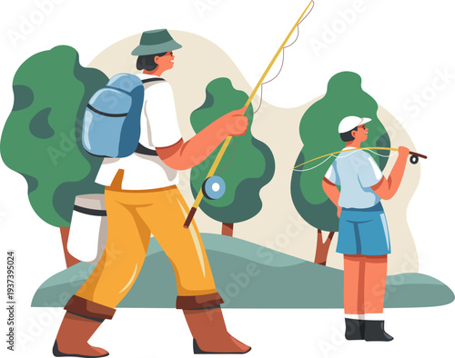 People go fishing. Summer trip cartoon scene