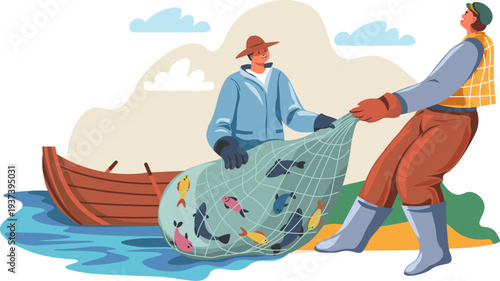 Men catch fish with net. Outdoor activity scene