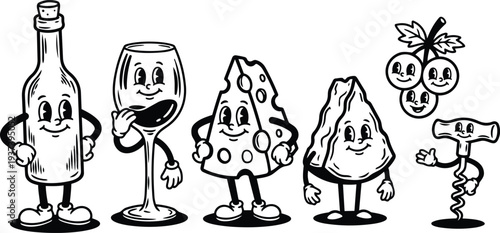 Retro cartoon fifties style wine bottle and wine glass with cheese wedge grape cluster and corkscrew smiling lineup close up