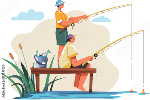 People fishing together from pier. Summer hobby leisure