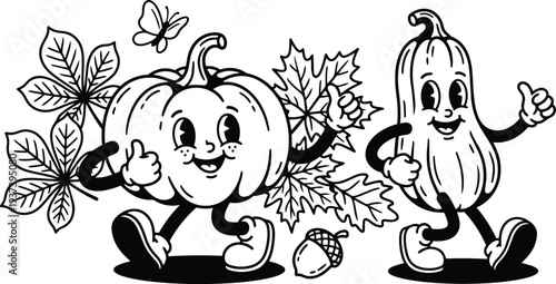 Vintage cartoon pumpkin characters walking with thumbs up holding autumn leaves acorn butterfly black and white smiling sideview