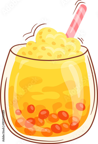 Juicy boba tea menu icon. Orange drink