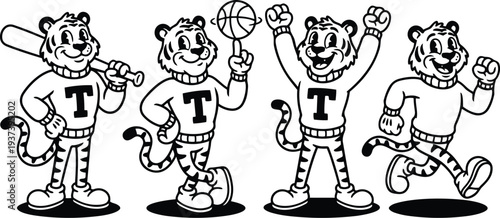 Retro cartoon 50s style tiger mascots holding bat spinning basketball cheering and running in playful lineup with smiles vintage outline