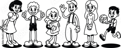 Retro cartoon 50s style front facing children lineup waving holding book playing ball cheerful black and white vector art portrait