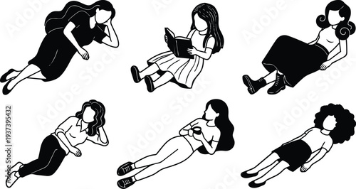 Minimalist flat vector set showing six women lying and reading relaxing reclining in casual clothing different hairstyles top view illustration
