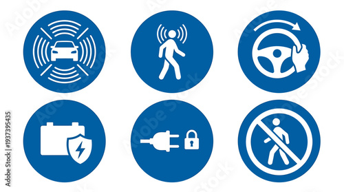 Blue Circular Safety Icons Set for Road and Driver Compliance. Vector Illustrations. EPS Editable