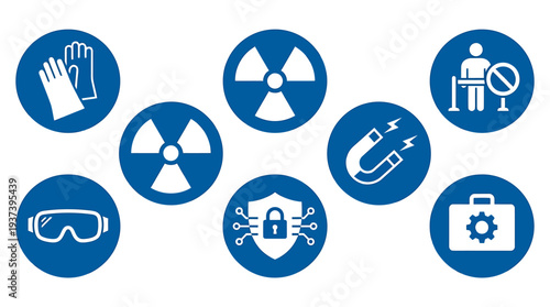 Blue Circular Safety Icon Set Featuring Radiation Shield PPE And Gear. Vector Illustrations. EPS Editable