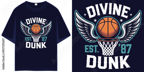 divine dunk basketball winged ball est 87 hoop vintage varsity retro sports aesthetic graphic t shirt design vector illustration artwork
