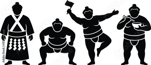 Flat vector silhouette sumo wrestlers in traditional mawashi poses bowing dancing eating holding flag and standing stern black on white