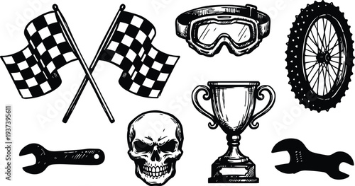 Vintage motocross vector set crossed checkered flags skull trophy goggles spiked wheel wrenches hand drawn ink style retro grunge illustration