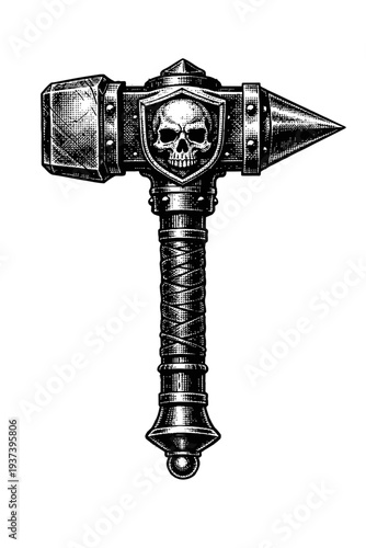 Powerful Gothic Fantasy War Hammer Engraving with Menacing Skull Emblem and Spiked Head, Detailed Medieval Weapon Art in Vintage Woodcut Style for Dark Fantasy Themes and RPG Gaming Assets, Perfect fo