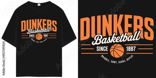 dunkers basketball varsity sports vintage retro dribble shot score repeat since 1887 t shirt design vector illustration artwork
