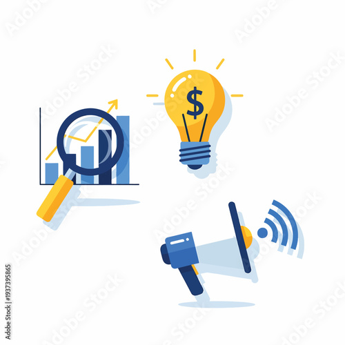 Magnifying Glass Lightbulb Megaphone WiFi Symbol.