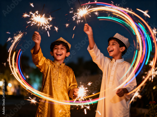 Two Happy Muslim Boys Celebrating with Sparklers and Light Trails at Night