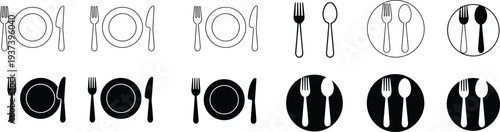 Flat vector icons, black and white dining utensils plate symbols, restaurant menu cutlery arrangement, food service tableware illustration collection set