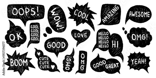 Vector set of hand drawn scribble speech bubbles with phrases wow, cool, omg, yeah, ok, boom, oops, love, good, awesome. Grunge comic chat balloon collection for sticker, poster, social media design.