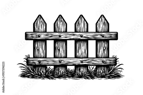 Hand-drawn black and white illustration of a classic rustic wooden picket fence with visible wood grain texture, sturdy posts, and cross rails, emerging from a natural patch of green grass. This charm