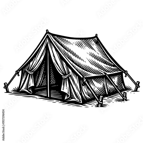 Classic Vintage Camping Tent Illustration: A Detailed Black & White Woodcut Style Graphic for Outdoor Adventures, Wilderness Exploration, Backpacking, and Traditional Campsite Enthusiasts, Perfect for
