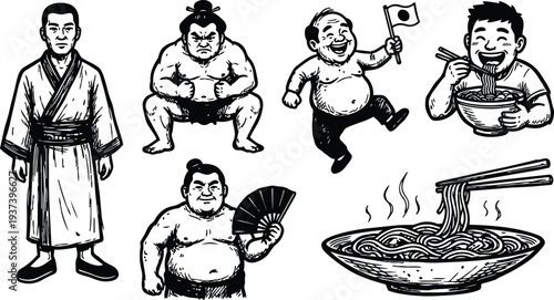 Tattoo flash style japanese sumo characters ramen bowl kimono man waving flag close up line art composition bold energetic mood