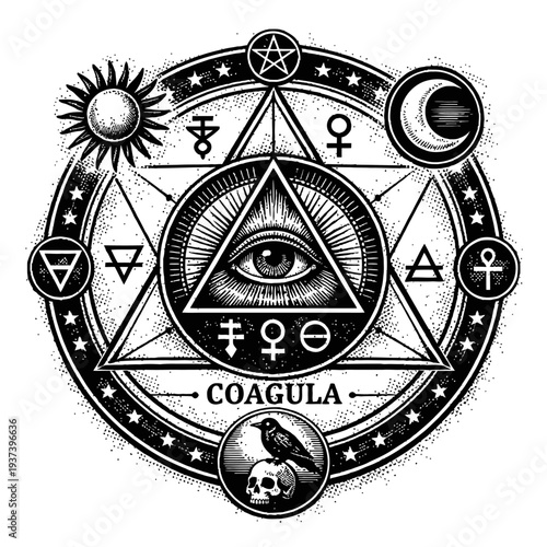Alchemical Hermetic Occult Sacred Geometry Mandala featuring All-Seeing Eye, Pentagram, Sun, Moon, Elements, Ankh, Planetary Glyphs, Coagula, Crow & Skull. Esoteric Woodcut Symbolizing Spiritual Trans