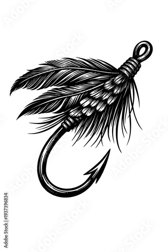Detailed black & white fly fishing lure illustration with intricate feather details on a classic barbed hook. Ideal for angling, outdoor sports, rustic designs, and timeless aquatic fishing adventures