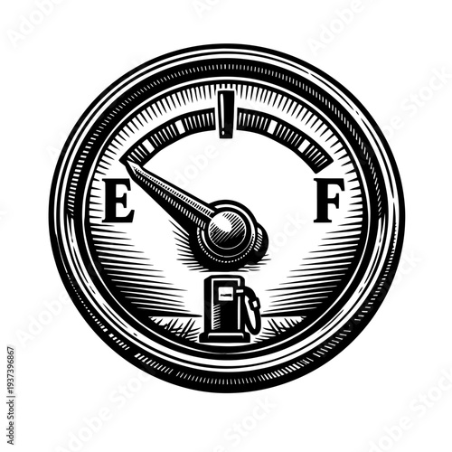 Vintage woodcut style fuel gauge illustration with the needle pointing to 'E' (Empty), featuring a gas pump icon and a warning indicator. This retro black and white engraved design represents low fuel