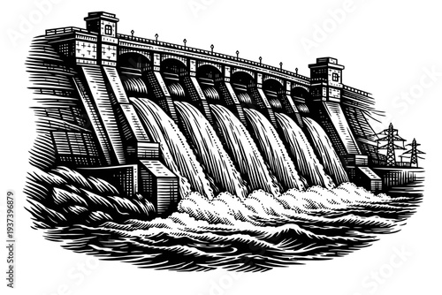 Detailed woodcut of hydroelectric dam, water cascading over spillways. Highlights renewable energy generation, civil engineering, power transmission infrastructure, prominent electricity pylons. Class