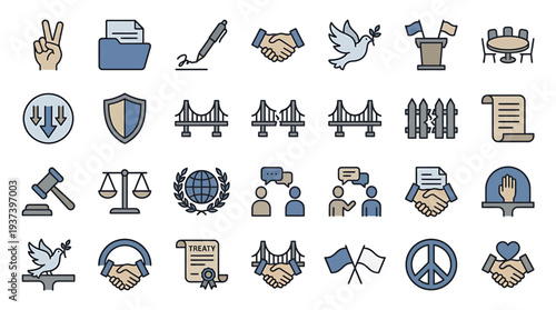 Collection of Justice Diplomacy and Governance Icons for Visuals. Vector Illustrations. EPS Editable