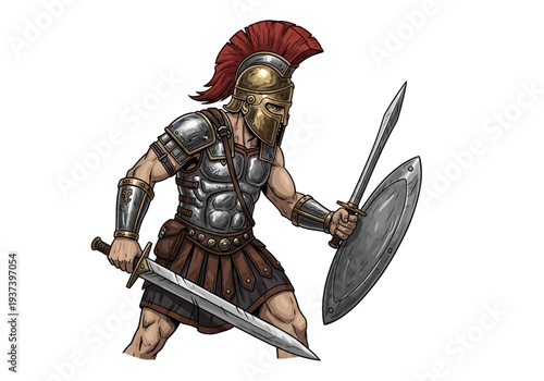 Ancient Greek Warrior in Armor Fighting.