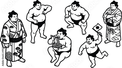 Traditional japanese line art sumo character set showing wrestlers in kimono training eating noodles celebrating in close up