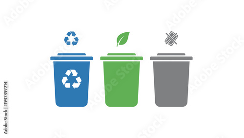 Recycling bins for different waste types.