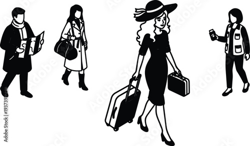 Line art close up fashionable woman with hat pulling wheeled suitcase carrying carry on while other travelers walk nearby together