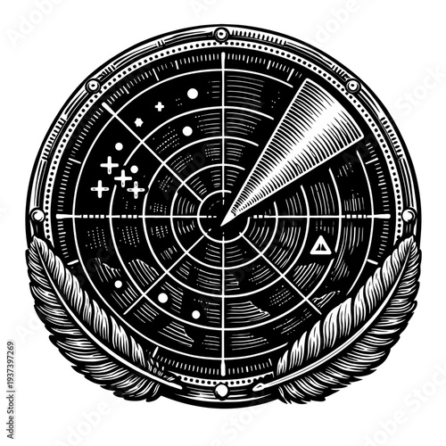 Vintage Radar Screen Display with Sweeping Beam, Multiple Target Blips, and Distinctive Decorative Feathers in a Classic Engraved Woodcut Style. Perfect for Nautical, Aviation, Military, Exploration,