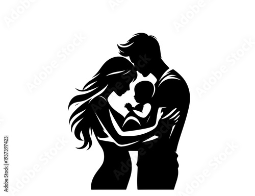 Artistic silhouette of father and mother holding a baby