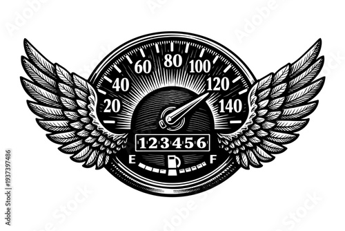 Vintage engraved speedometer with bold feathered wings, classic fuel gauge, and '123456' odometer. This monochrome illustration symbolizes high-speed adventures, open-road freedom, perfect for retro a