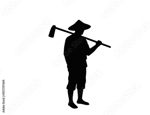 Asian farmer silhouette with conical hat and tool