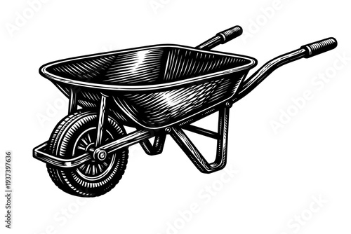 Vintage Woodcut Style Wheelbarrow Illustration, an Engraved Design Perfect for Gardeners, Construction Workers, and Landscape Architects. This Classic Utility Cart Graphic Evokes Rustic Charm, Manual