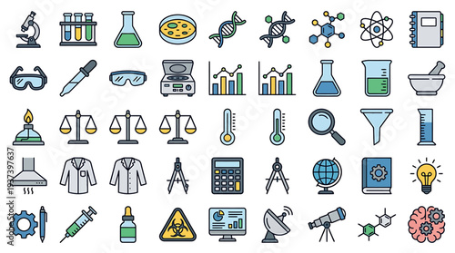 Scientific icons and laboratory tools collection for education and research. Vector Illustrations. EPS Editable