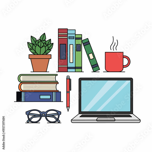 Laptop with Books and Coffee Cup.