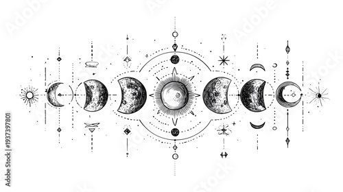 Detailed Moon Phases Illustration with Celestial Ornaments and Cosmic Elements.