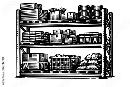 Woodcut: Industrial warehouse storage rack with stacked boxes, barrels, sacks, and mesh container. Depicts efficient logistics, inventory, and supply chain management for modern distribution centers a
