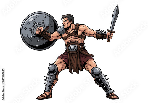 Illustration of a Muscular Warrior with Sword and Shield.