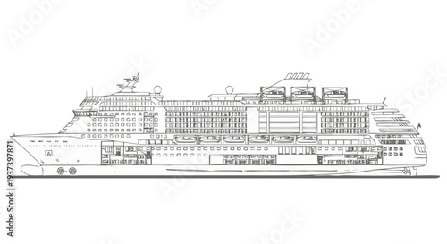 Cruise Ship Blueprint Technical Drawing – Passenger Ocean Liner Top Side Front View Vector