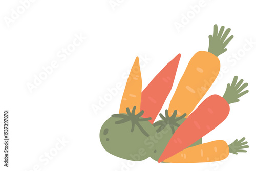Art & Illustration Flat vector vegetable pattern with carrots and tomatoes, seamless food background