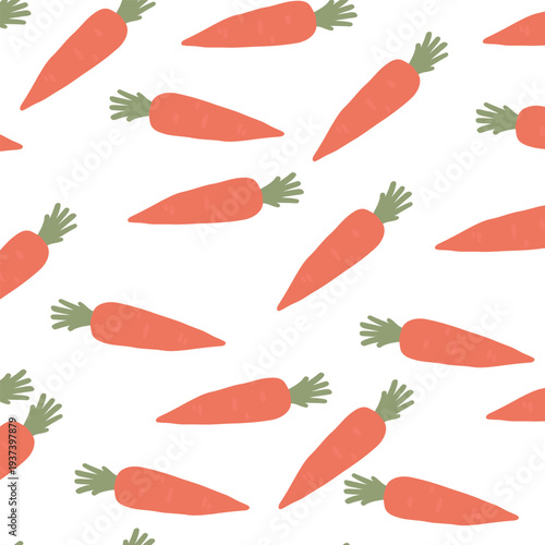 Art & Illustration Flat vector vegetable pattern with carrots and tomatoes, seamless food background