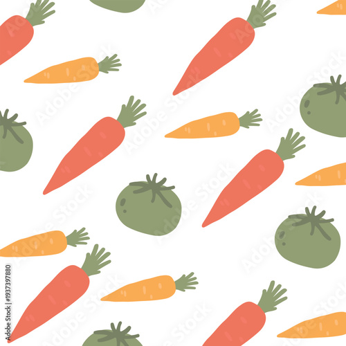 Art & Illustration Flat vector vegetable pattern with carrots and tomatoes, seamless food background
