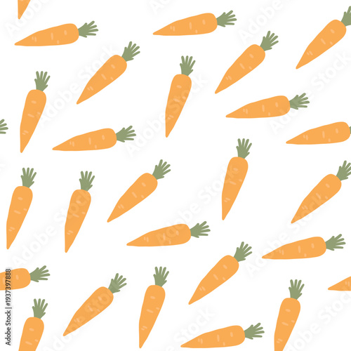 Art & Illustration Flat vector vegetable pattern with carrots and tomatoes, seamless food background