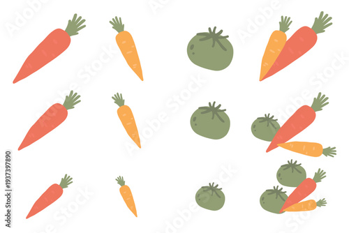 Art & Illustration Flat vector vegetable pattern with carrots and tomatoes, seamless food background