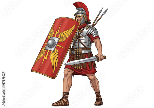 Roman Soldier with Shield and Sword Standing.